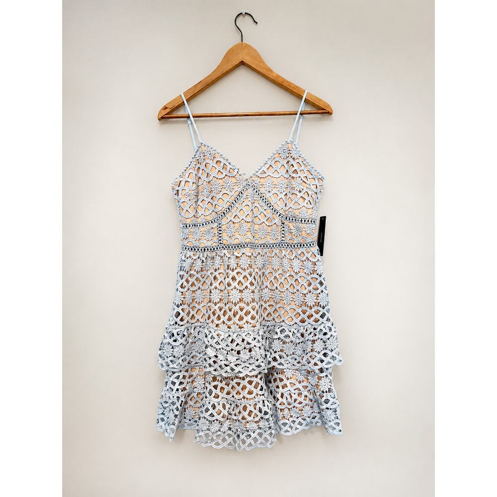Blue Crochet Cottagecore Dress Size M Boho Spaghetti Strap Fit & Flare Mini - Picture 3 of 4